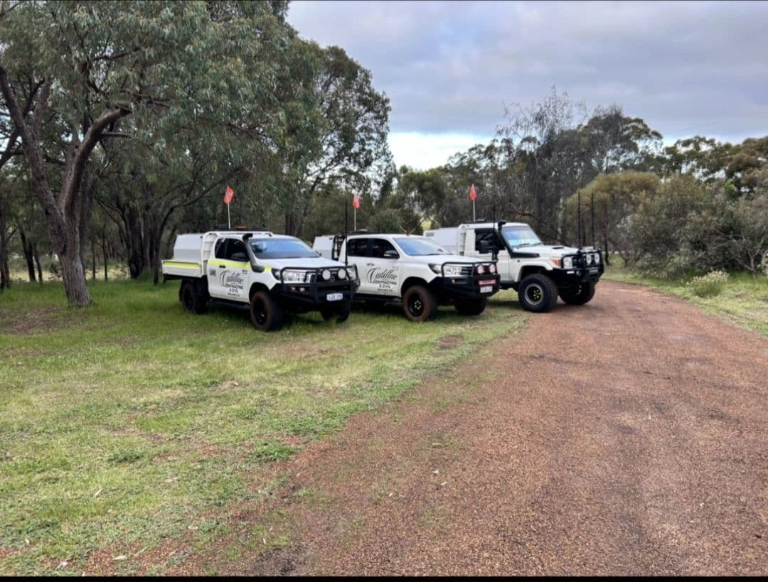 Three signwritten Cadillac Contracting and Civil utes staged on site